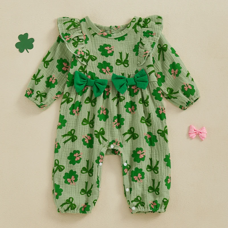 

0-18 Months Baby Girls Spring Casual Jumpsuit Long Sleeve Round Neck Bow Clover Print Rompers