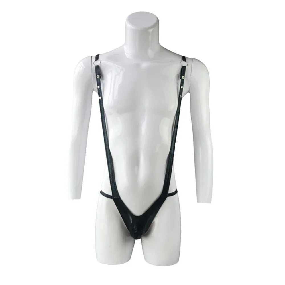 

Men PU Leather Bodysuit Adjustable Oil Shiny Lingerie T-back Bulge Pouch Thong Y-Shaped Suspender Underwear Solid Nightwear