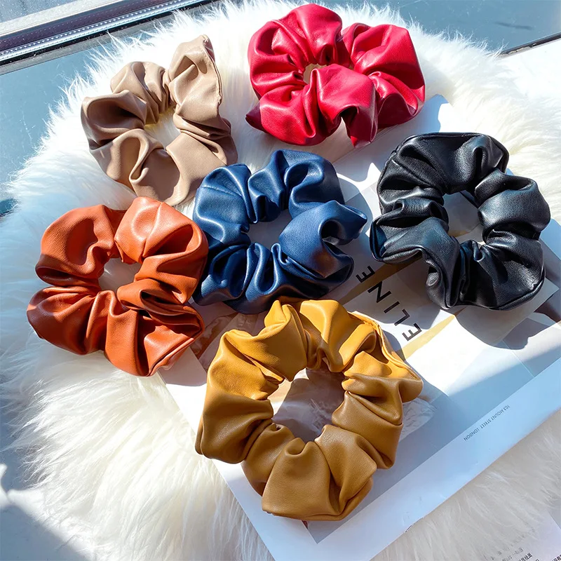 2022 New PU leather Solid Scrunchies Women Girls Headband Elastic Rubber Hair Bands Ponytail Holder Hair Ties Rope Accessories