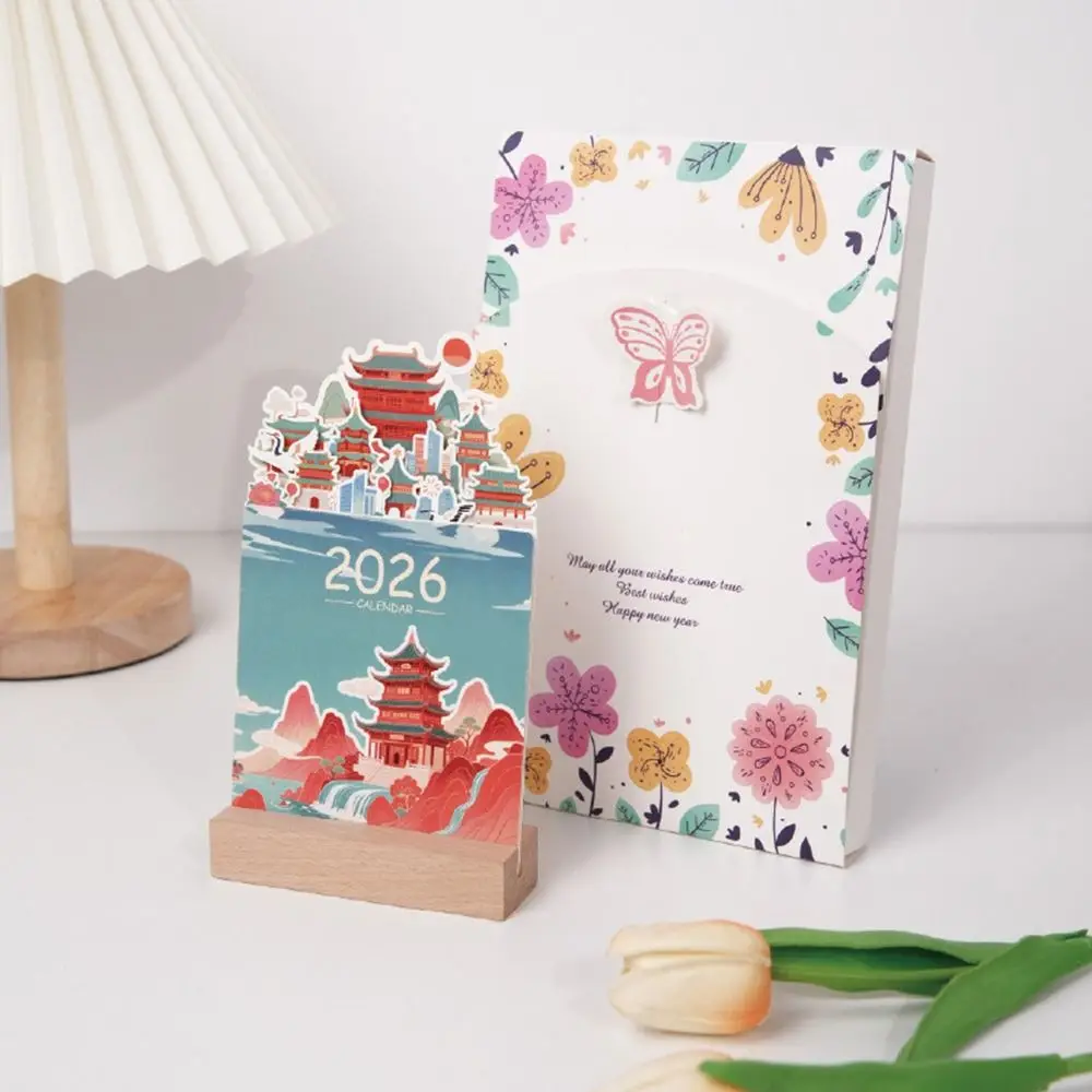 

Деревянная основа 2026 Настольный календарь Съемная основа Цветочная тема Цветочные цветы Настольный календарь DIY Ежемесячный планировщик в форме вазы