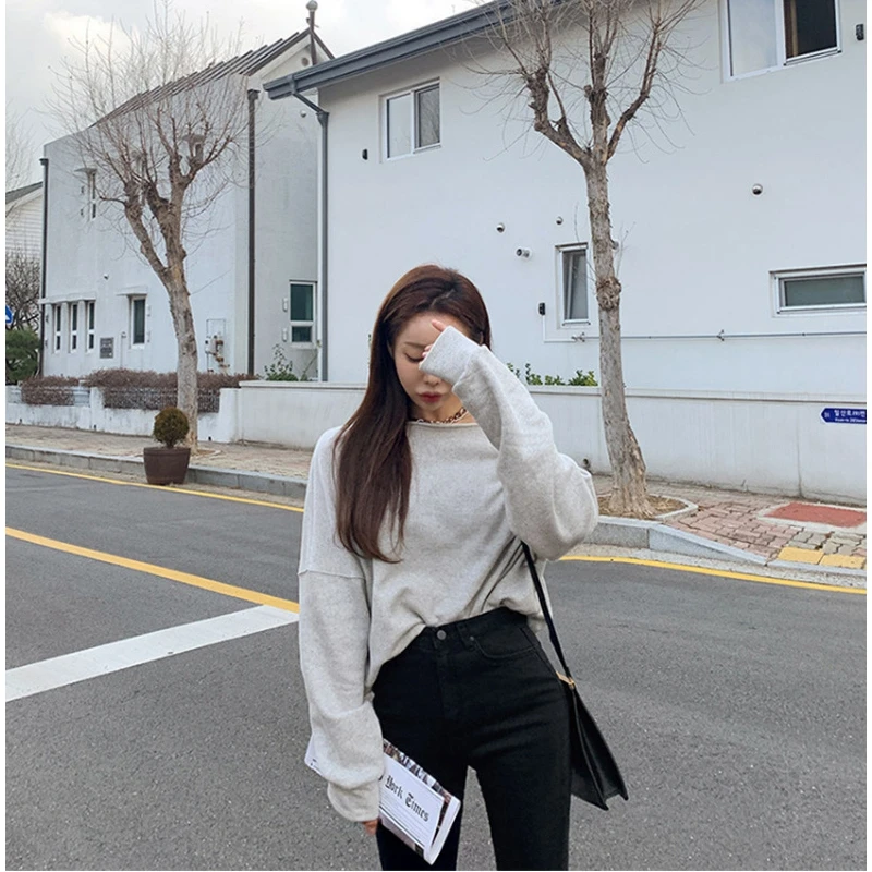 FAVRE Women Off-the-shoulder Solid Sweatshirts Chic Temperament Loose Sexy Pullovers Spring Autumn Ins Casual Fashion Tops