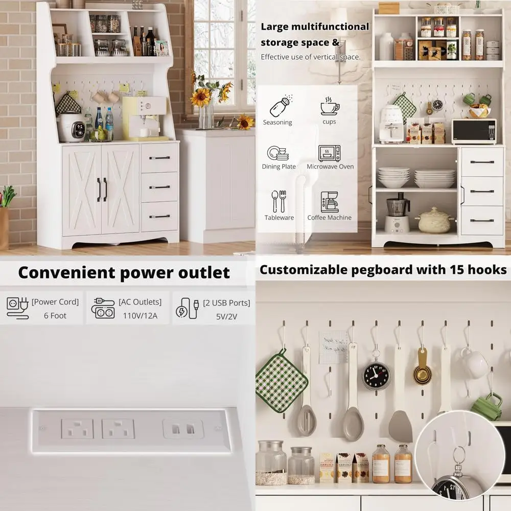 خزانة مطبخ على طراز المزرعة مع مساحة تخزين، ولوح بيجبورد، ومخرج طاقة، وأدراج #1