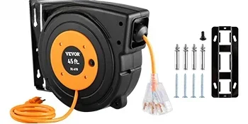 Retractable Extension Cord Reel 45/50/65 FT with Lighted Triple Tap Outlet&180° Swivel Bracket Black Heavy Duty Power