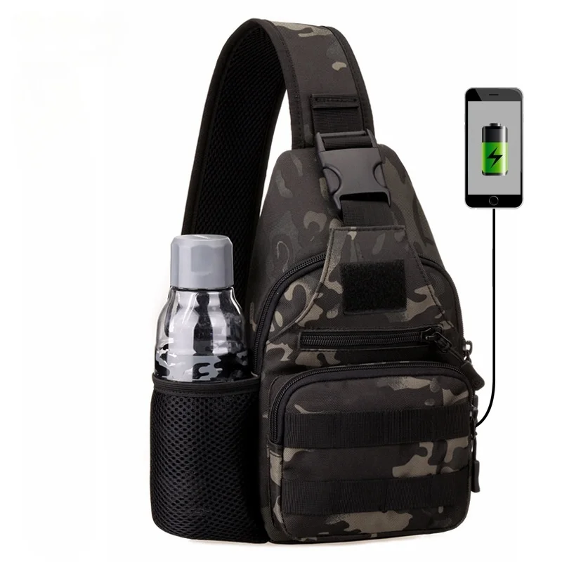 MOLLE Tactical Bag Chest Bag Man Hiking Travel Climbing Fishing Sling USB Charging  Bag Sports Shoulder Bag Water Bottle Bags