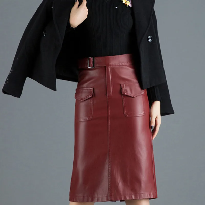 #1604 Black Red Khaki Pencil PU Skirt Women Belt Office Elegant Faux Leather Skirt Female Slim Front Pockets Knee-length Winter