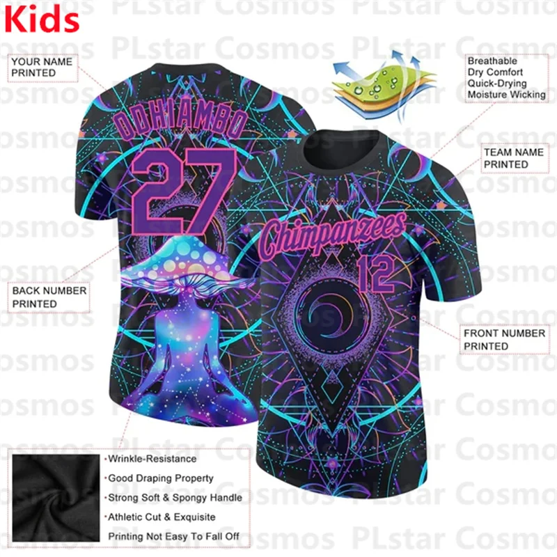 Custom Black Purple-Pink 3D Pattern Mushrooms Over Sacred Geometry Psychedelic T-Shirs Kids Football Jersey Boys Tops Girl Tees