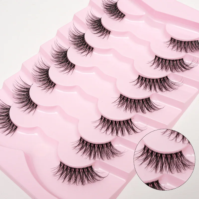 7 ペアハーフアイまつげ 3D うっすら十字ふわふわソフトつけまつげボリューム多層再利用可能な自然な外観目に見えないバンド