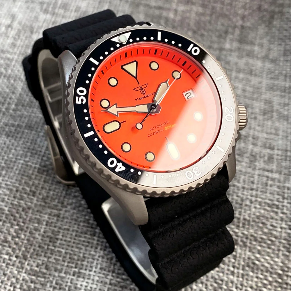 Tandorio 41mm Titanium NH35 Men Watch Orange Dial 89.6g Light 20Bar Sapphire Glass 3.8 O'clock Date Rubber Strap - view 4