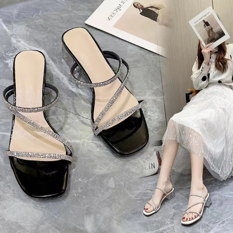

Fashionable mid Heel Diamond Embellished Sandals Women's Summer Korean Style Fairy Slip-On Shoes PU Lined Rubber Soled