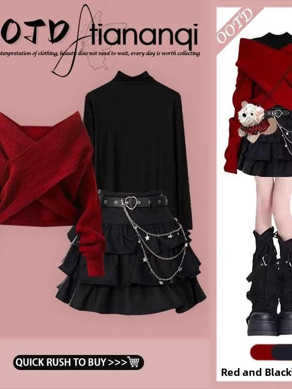 

Модный осенне-зимний комплект из двух предметов: свитер с асимметричным кроем и высоким воротником, а также юбка-кейк в стиле Y2K, для женщин больших размеров.