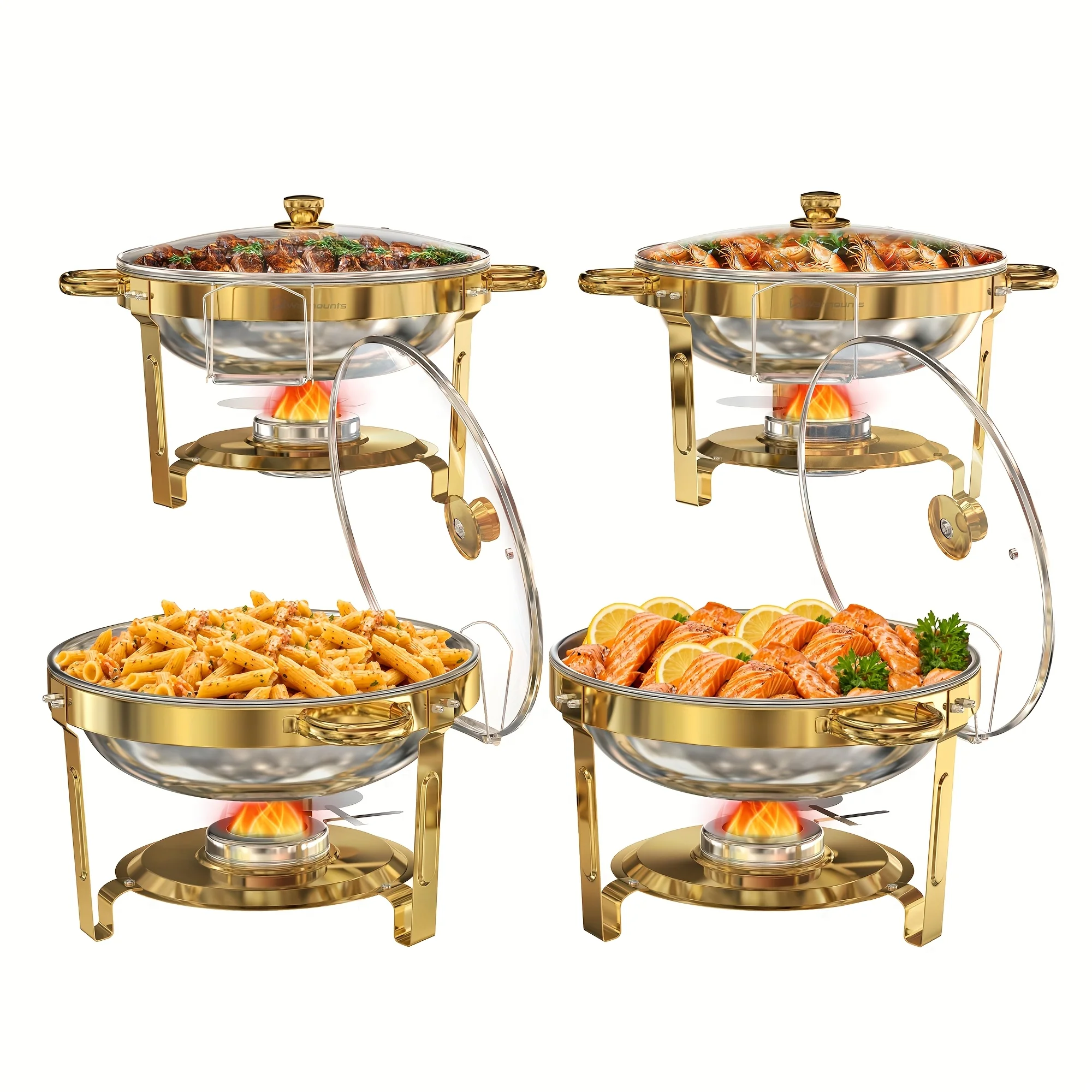 

WARMOUNTS Golden Chafing Dishes for Buffet Sets 5QT with Glass Lid, 2/4 Pack Food-Grade Stainless Steel, Golden Full-Plated Round Chafers And Buffet Warmers Sets with Lid Holder, Food Warmers for Parties, Events, Wedding, Banquet, Solely for Cooking