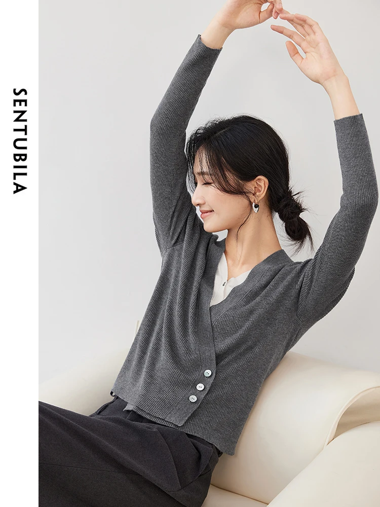 SENTUBILA Women Casual Wool Cardigan   2024 Autumn Spliced Slim Fit V Neck 2 in 1 Knitted  Tops Simple  Clothes W43H56236