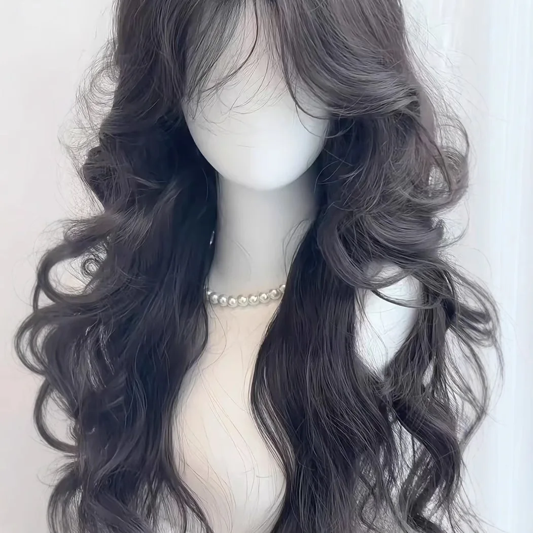Peluca negra Lolita para mujer, pelo largo ondulado, peluca rizada de 75cm con flequillo, diadema para Cosplay, pelucas sintéticas para uso diario