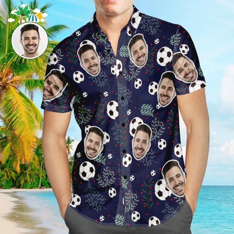 

Fashion Custom Image Football Lovers Shirts For Men Hawaii Vacation Baseball Sport Beach Shirt DIY Photo Aloha Lapel Blouse Top