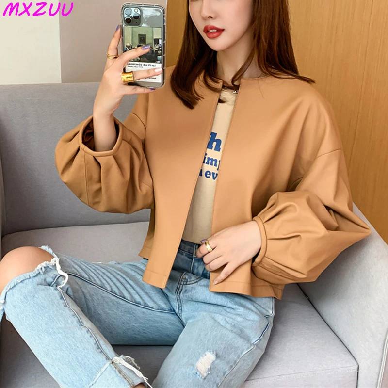 Autumn Puff Sleeve Genuine Leather Jacket Women 100% Sheepskin Collarless Cardigan Casacas Loose Small Short Blouson Cuir Femme