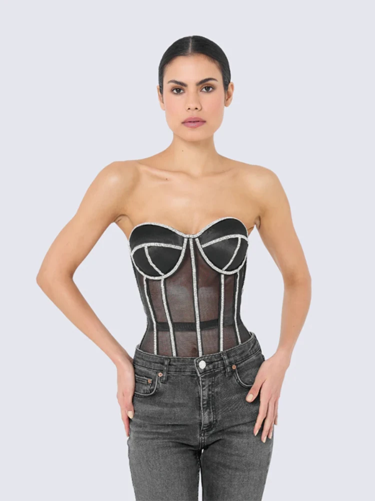 Sexy Mesh Studded Drilled Breathable Perspective Fishbone Bra Corset Sexy Bustier Top Bouncing Top Gothic Corsets for Women