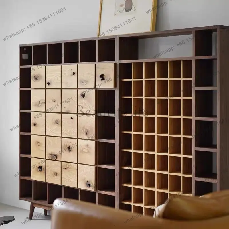 Solid wood against the wall storage rack, antique log shelf, partition with drawer