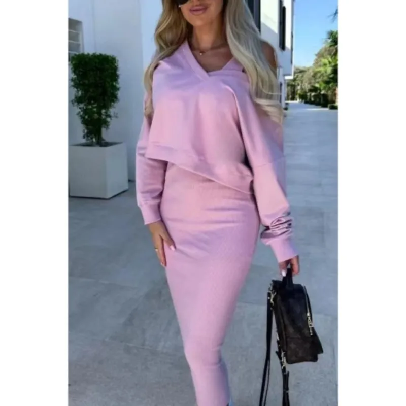 Women's Fashion Two Pieces Skirts Sets Spring Sexy V Neck Long Sleeve Pullover Top And Long Skirts Two Piece Set Female Clothing