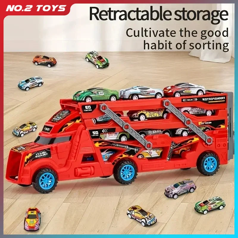 Duże zabawki pojazdowe z katapultą i koleją, z miniaturowymi samochodami inercyjnymi ze stopu, składana torowa wyrzutnia pojazdów, transformujące się ciężarówki transportowe.