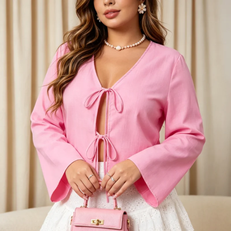 Nouveau Top Court en Lin Texturé Décontracté et Féminin Printemps-Automne, Blouse Ample à Manches Longues Évasées avec Col en V Profond et Double Nœud sur le Devant, Idéale pour la Plage et le Quotidien