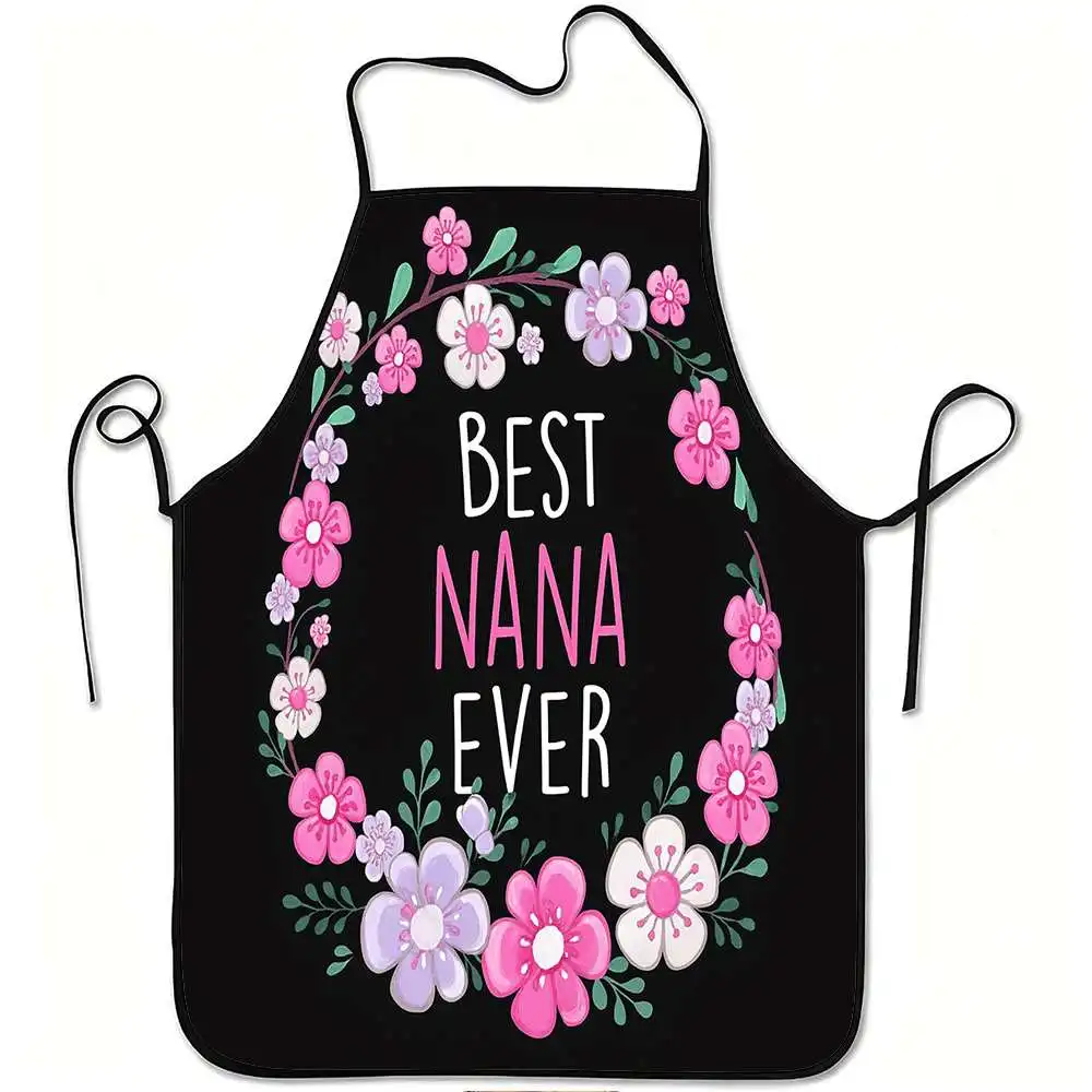 1pc Best Nana Ever Floral Print Apron, Durable And Easy to Clean, Adjustable Waistband, Polyester Material, for Kitchen Cooking,