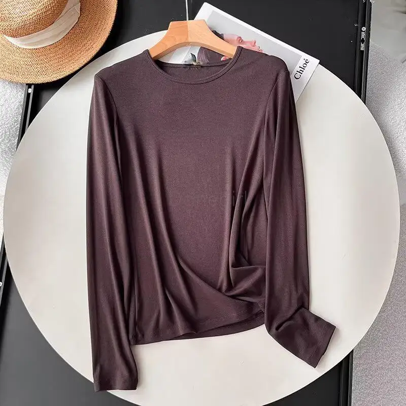 Donegirl 2024 New Women Spring Summer Fashion Long Sleeve Slim Inside Solid T-shirt Simple Versatile Tops Pullover Female Chic