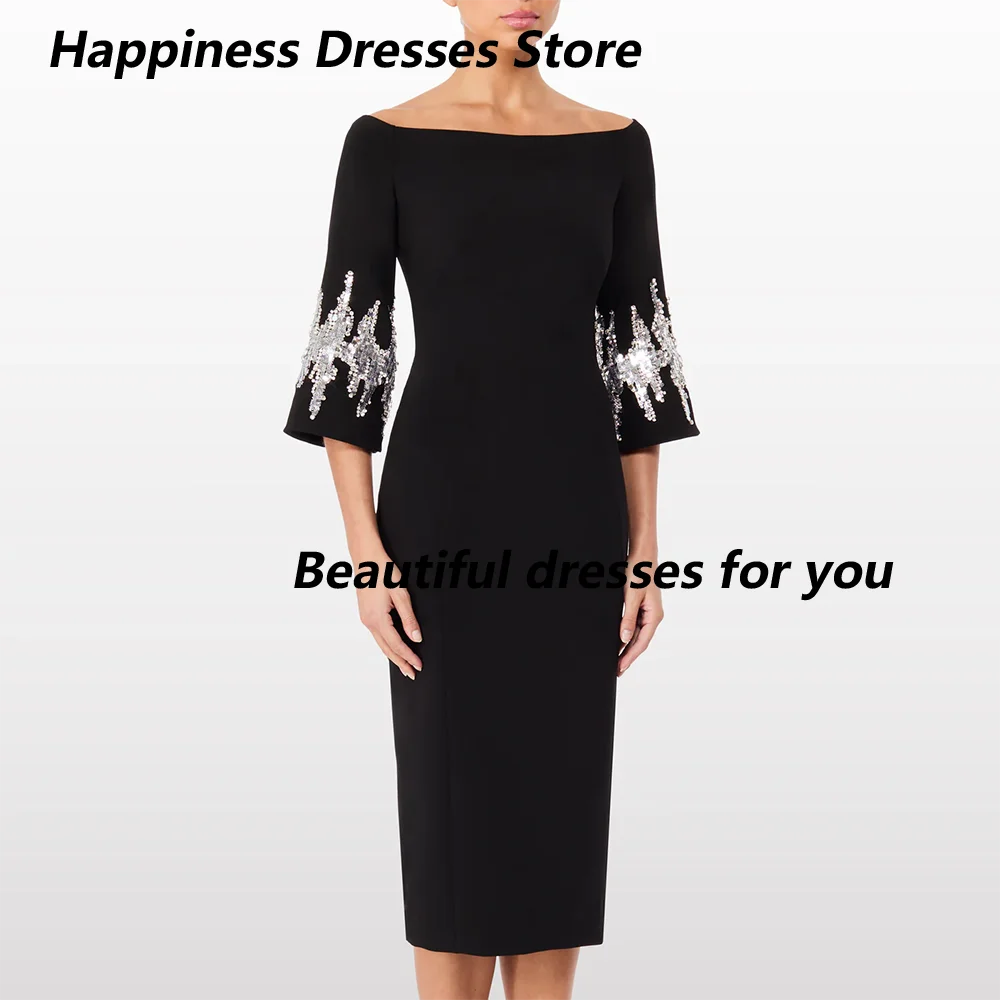 

Black Jersey Evening Party Dress Boat Neck Sheath Sequin Half Sleeves Bespoke Occasion Gown Tea Length Formal Dresses Customized