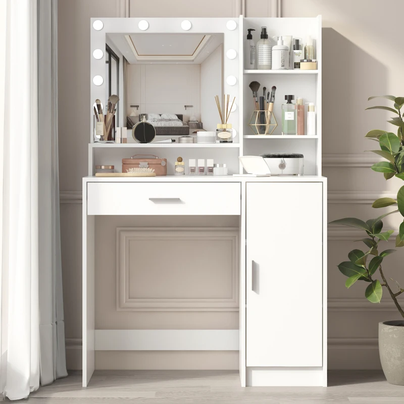 Vanity Desk With Mirror & Light Large Drawer Three Level Storage Dresser 3 Lighting Modes Adjustable Brighess Bedroom