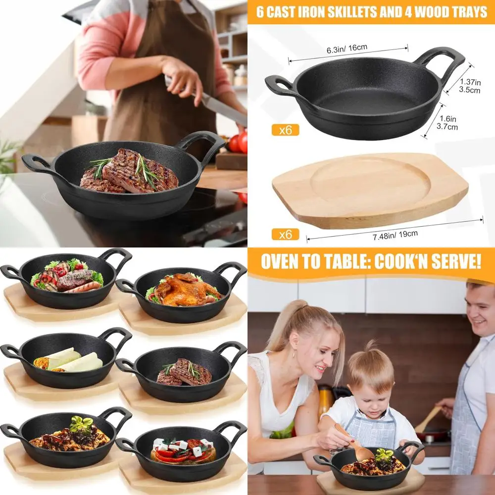 

Set of 6 Mini Cast Iron Skillets with Wooden Stands, 6.3 Small Round Fajita Plates for Cooking & Parties