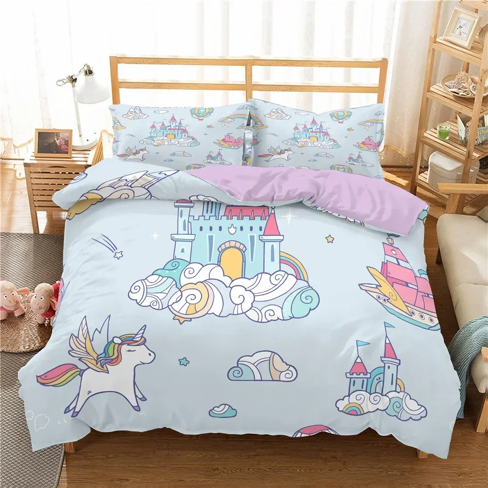 

Kids Cartoon Pink Castle Comfortable Duvet Quilt Cover Pillowcase Bedding Set Children Bedroom Decoration Home Textile