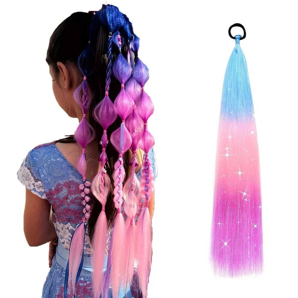 24inch Yaki Straight Y2K rainbow Hair Extension Braided Synthetic wigs Mixed Tinsel Bling Bling Hairpiece cosplay hair Accessory