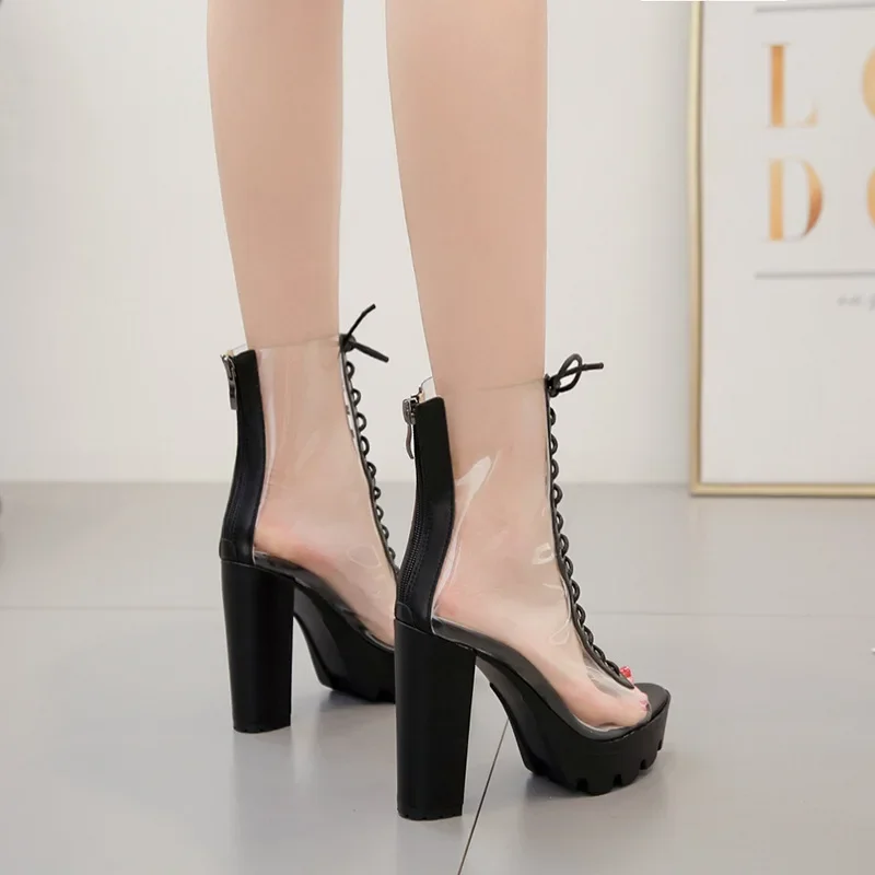 Comemore 2024 PVC Transparent Sandals Boots Open Toe Lace-up Gladiator High Heels Summer Shoes Platform Heel Sandal Big Size 42