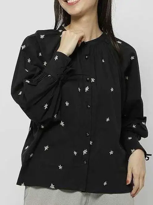 بلوزة Niko and Sweet Sle Faionable مطرزة بالزهور طويلة Sve irt من القطن الخالص المستقيم للنساء