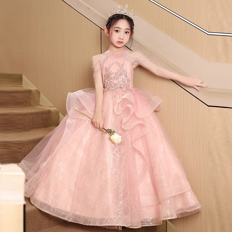 Girls Black Elegant Flower Beading Children Princess Wedding Bridesmaids Gown Kids Dresses baby Birthday Party ball Long dress