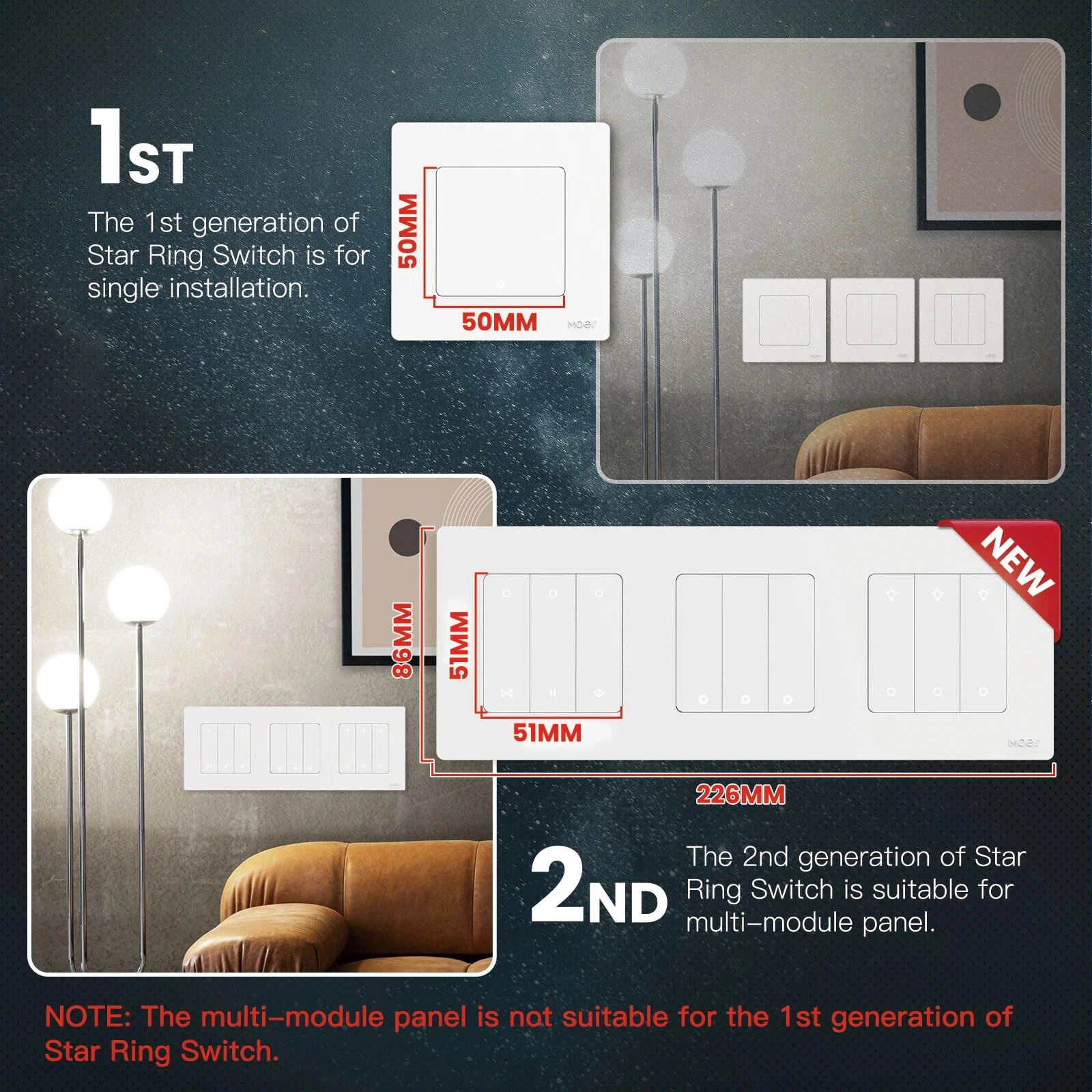 

MOES Star Ring Series ZigBee Smart Light Switch Curtain Switch Tuya Smart Life APP Work with Alexa Google Home DIY 2/3gang Panel