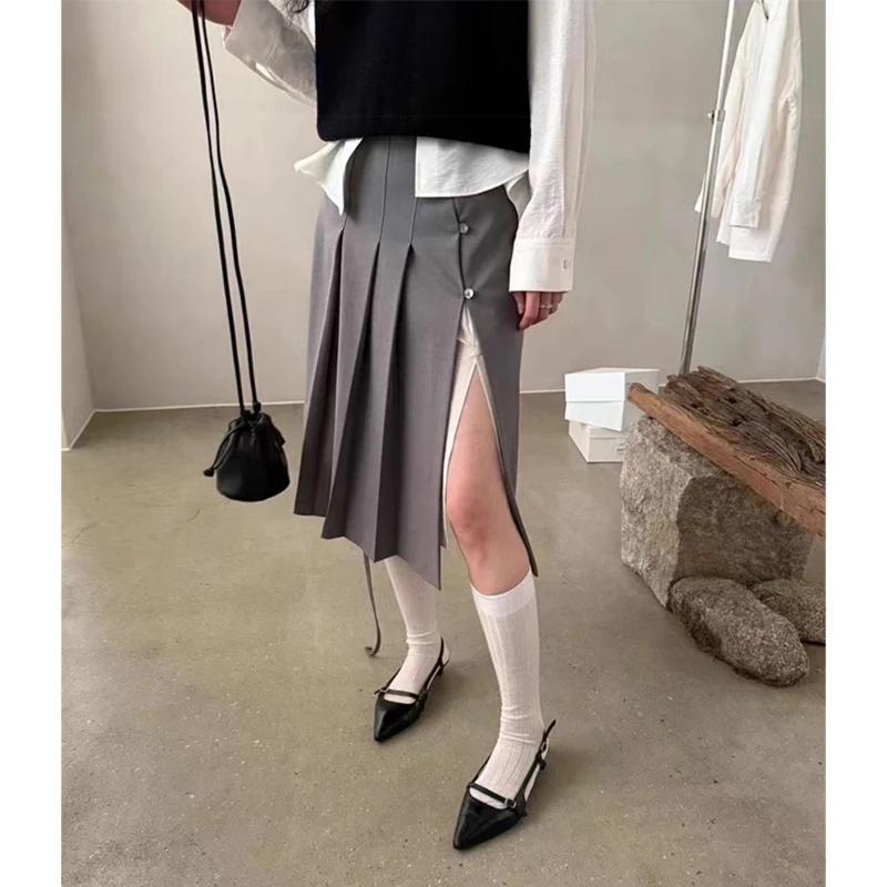 تنورة أنيقة عالية الخصر بحزام غير متماثل للتخسيس، تنورة متوسطة الطول بطيات على شكل حرف Ele بلونين للنساء #3