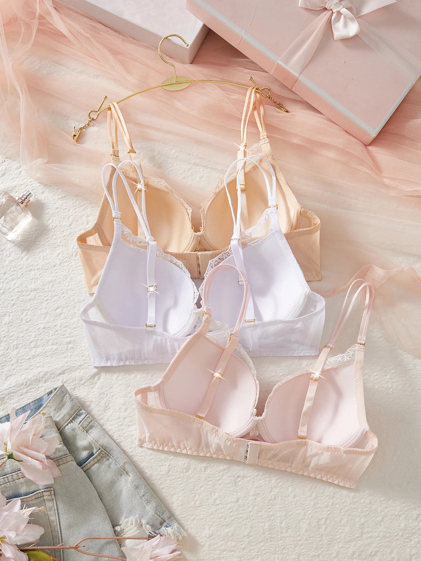 3PCS Women Floral Lace Bra Set Mesh Spliced Embroidery Push Up Bra Double Straps Underwire Support Daily Sexy Lingerie