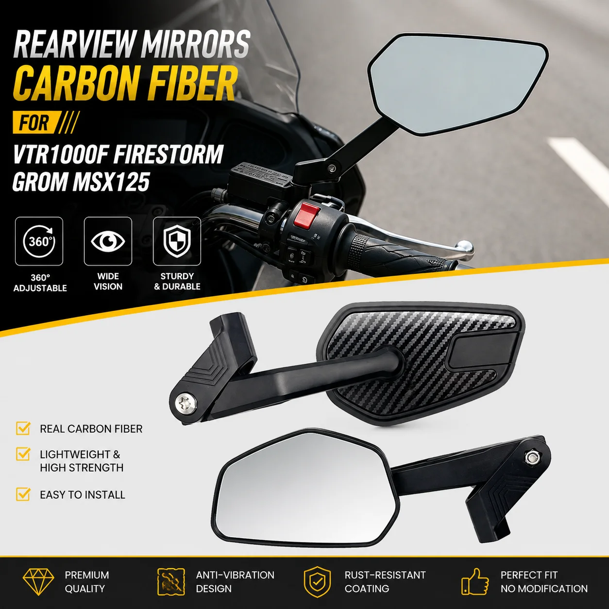 Carbon Fiber new For H/onda VTR1000F Firestorm GROM MSX125 Monkey Universal Motorcycle Rear View Mirrors 8/10MM ABS Side Mirror