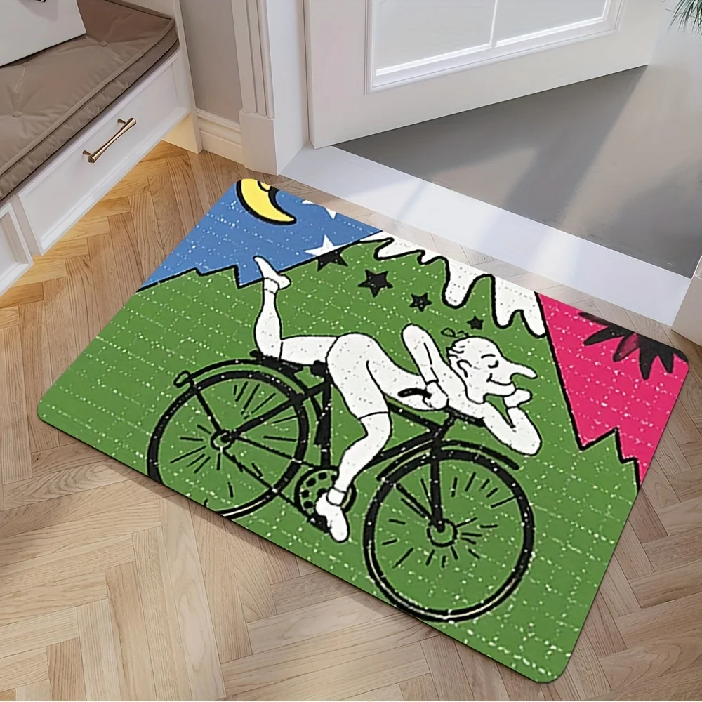 1pc Happy Cycling Character Design Floor Mat - Soft Durable  Polyester, Machine Washable Non-Slip Indoor/Outdoor Mat for