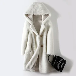 Autunno Inverno Spessore Caldo Con Cappuccio Medio Lungo Cappotto di Pelliccia Sintetica Donna Cammello Giacca di Pelliccia Bianca Cappotto Allentato Pecora Shearling Tuta Sportiva Femminile