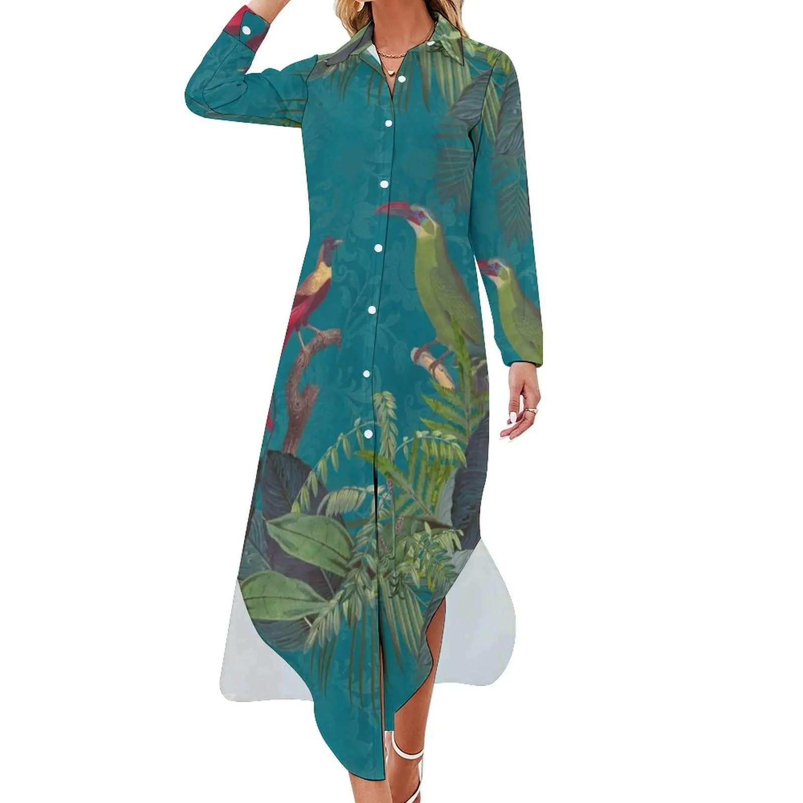 

Birds Of Jungle Vintage Botanical Illustration Long Sleeved Shirt Dress evening dress ladies Evening dresses