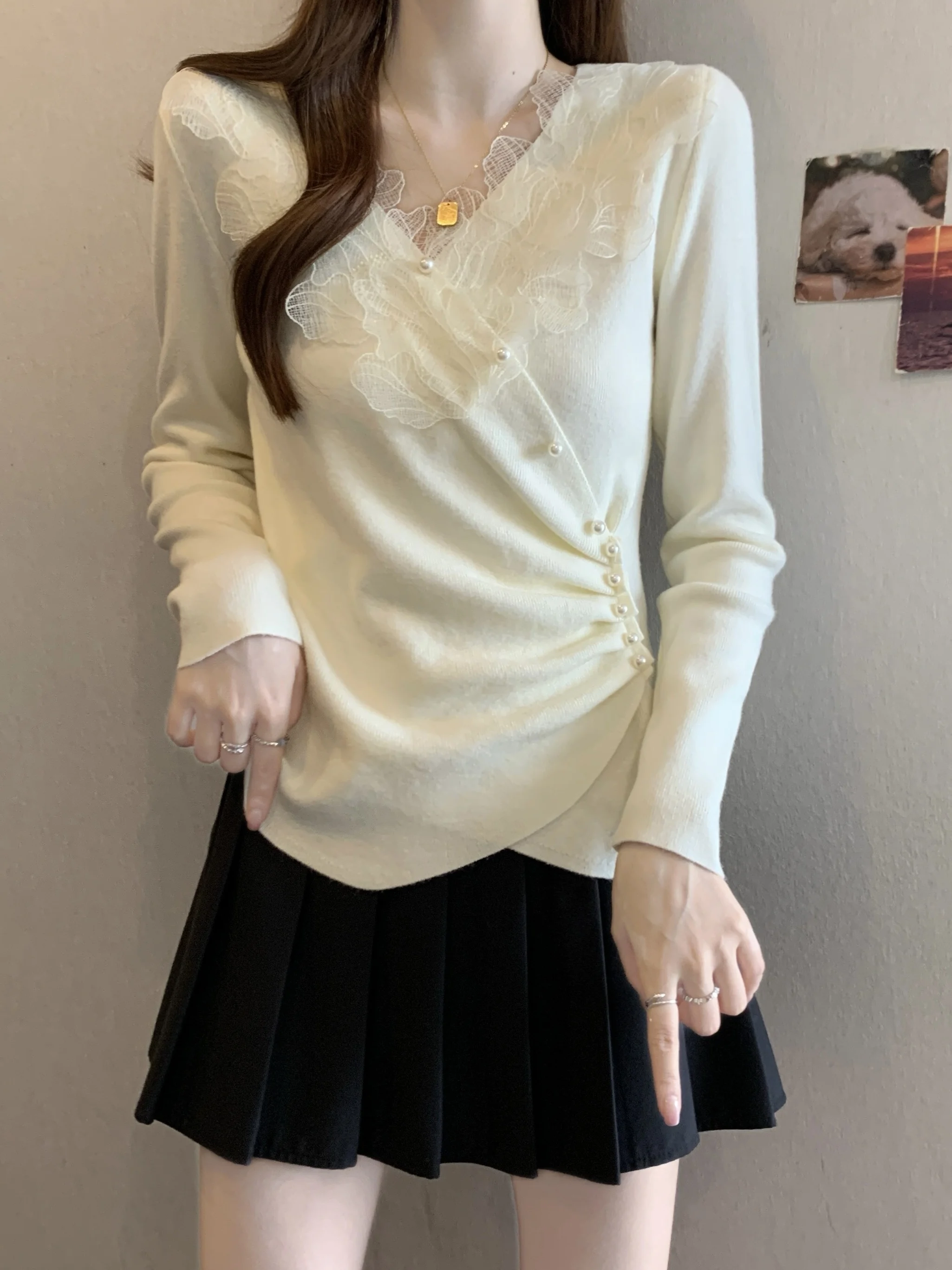 

Женский вязаный топ с V-образным вырезом и длинными рукавами, осенне-зимний, больших размеров, с кружевной отделкой, элегантный, премиум-класса