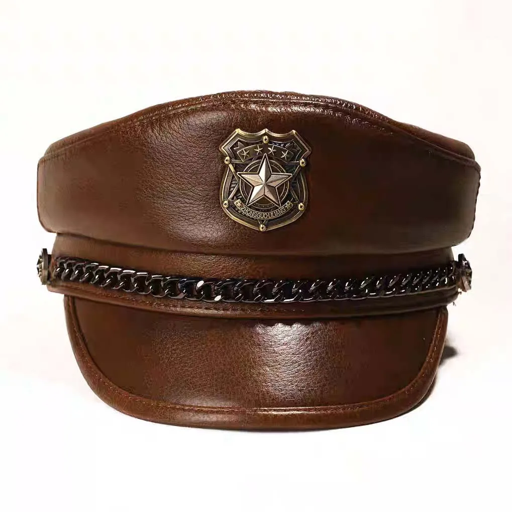Fashion Spring Men Genuine Leather Cow Skin Hat Male Flat Top Eagle Badge Locomotive Military Caps Students Cortical Army Cap