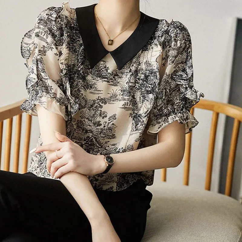 Casual Sweet Peter Pan Collar Stylish Printed Shirt Female Clothing Elegant Ruffles 2023 Summer Short Sleeve Patchwork Blouse