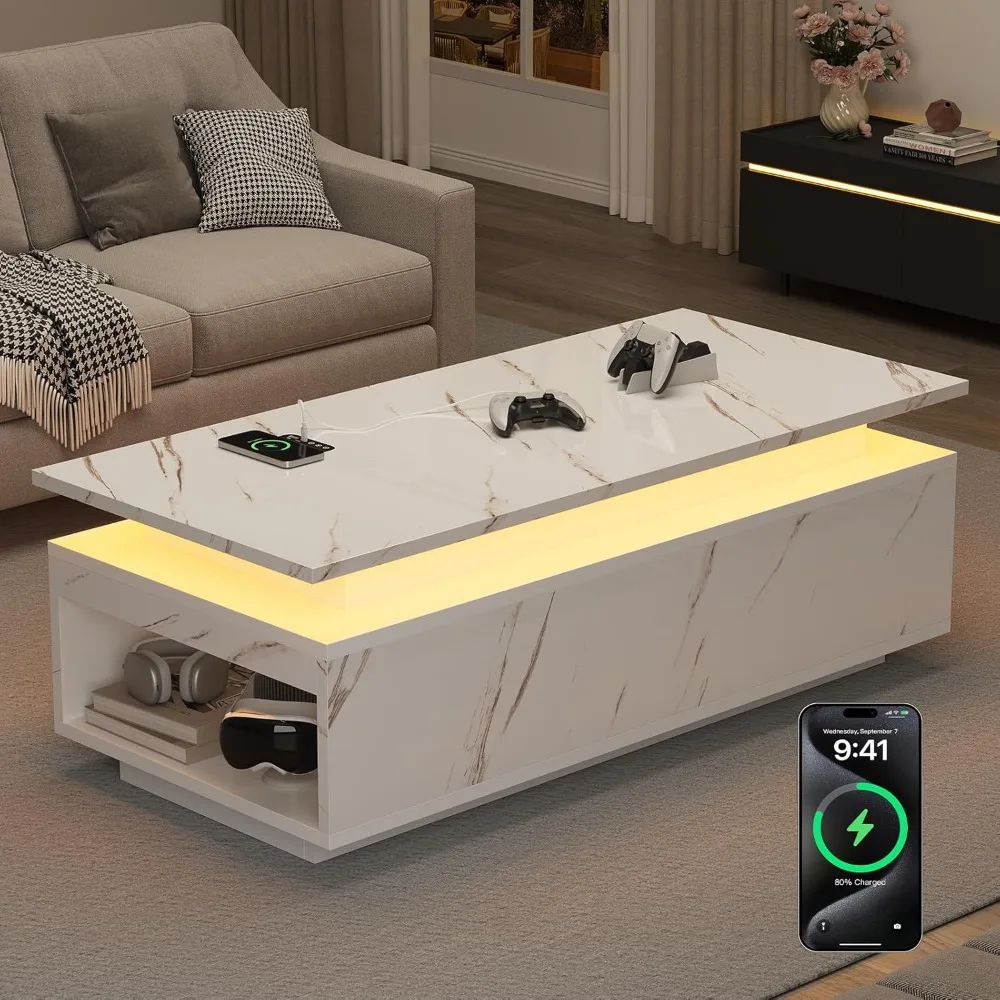 طاولة قهوة LED، طاولات قهوة مقاس 47.2 بوصة لغرفة المعيشة مع شحن لاسلكي ومكبر صوت بلوتوث، طاولة مركزية ذكية للمعيشة