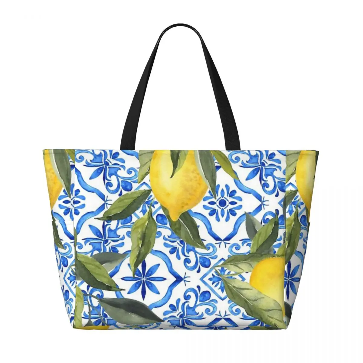 Lemons On Blue Tiles Beach Travel Bag, Tote Bag Modern Adult Daily Birthday Gift Multi-Style Pattern