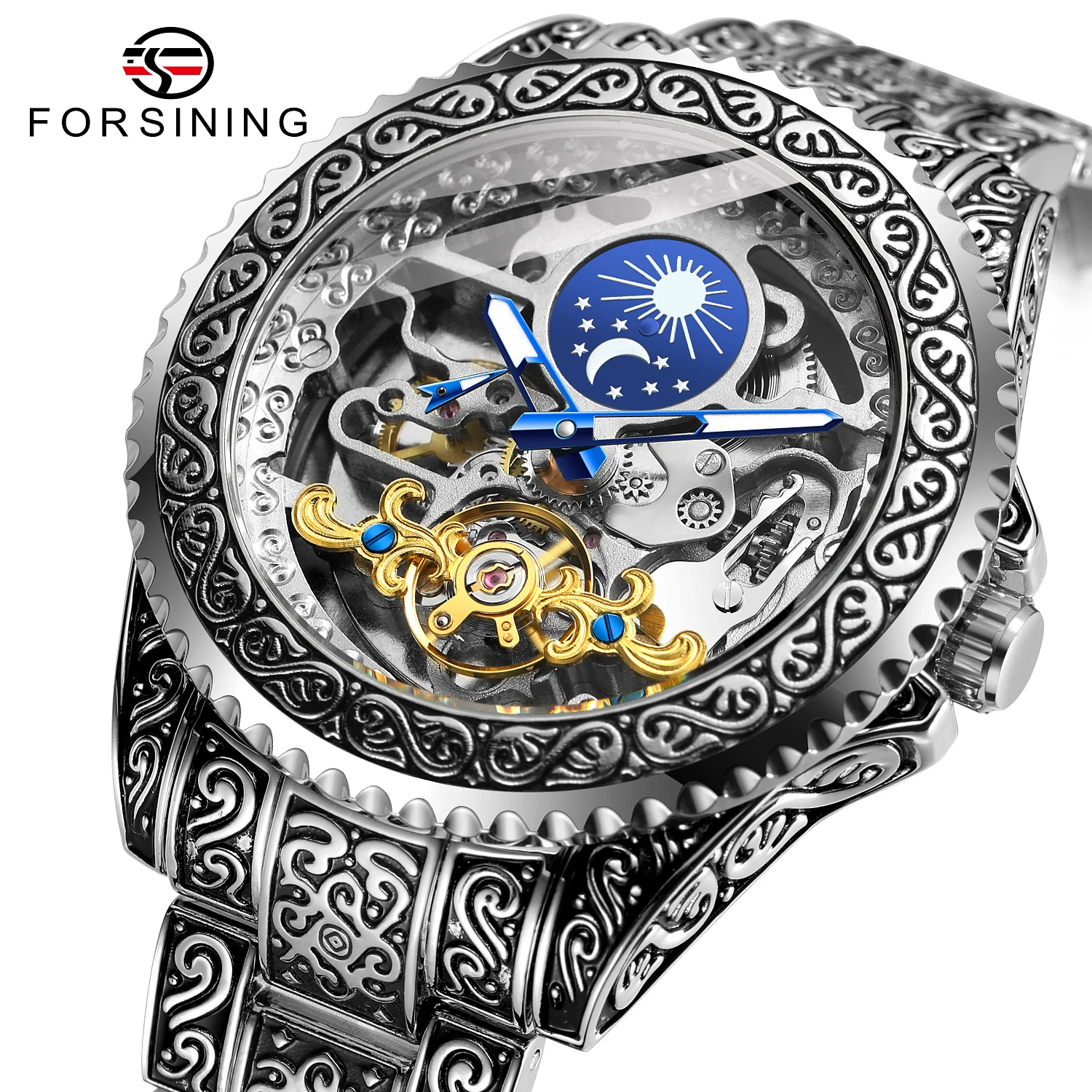 Forsining-reloj de pulsera mecánico automático para hombre, cronógrafo de lujo con esqueleto transparente, de acero inoxidable, fase lunar