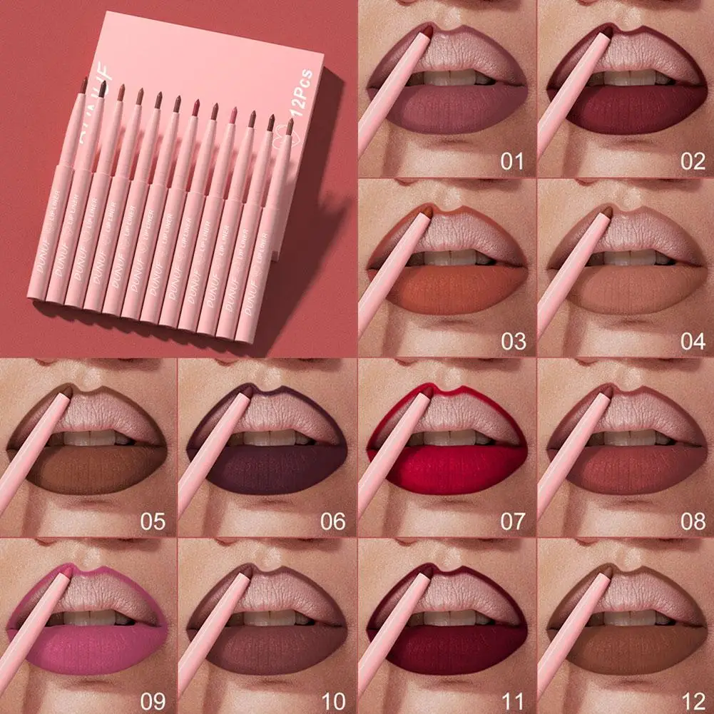 12 Arten wasserfester Lipliner in verschiedenen Farben, einfache Renderung, mattes, verblassendes Farbfinish, nicht schönes Gloss-Lippen B3G3