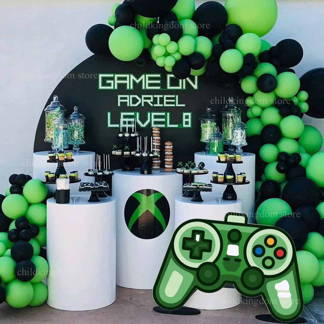 Video Game Birthday Balloons Garland Arch Kit Black Green Balloons Gamer Controller Cutouts for Gaming Birthday Party Backdrops