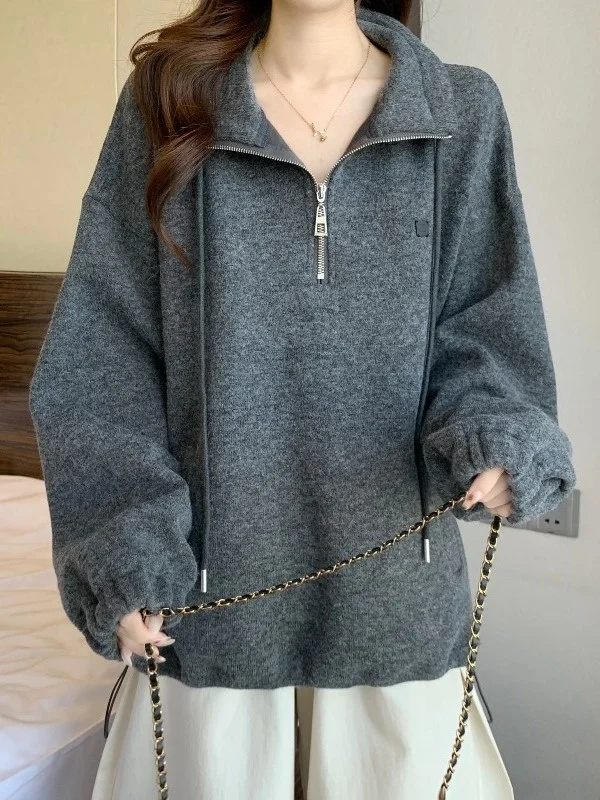 

Женская толстовка с длинным рукавом на молнии и шнурке, повседневная одежда для осени и зимы, большие размеры, модный удобный топ